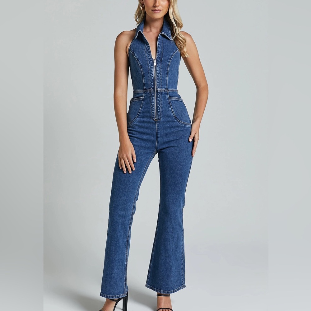 Showpo Blue Halter Denim Jumpsuit with Front Zip